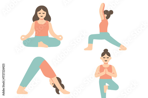 Woman performing various yoga poses such as meditation, warrior, downward dog, and tree for health and wellness