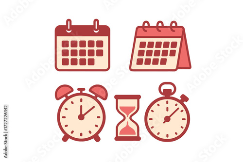 Collection of timekeeping and scheduling symbols including various clocks and calendars, an hourglass, and a stopwatch