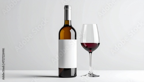 A sophisticated bottle of red wine with a customizable blank white label stands beside a crystal glass, ideal for winery advertising and branding mockups