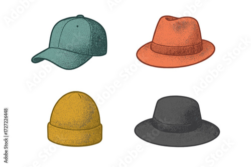 Assortment of fashionable headwear designs featuring a baseball cap fedora and beanie with textured details