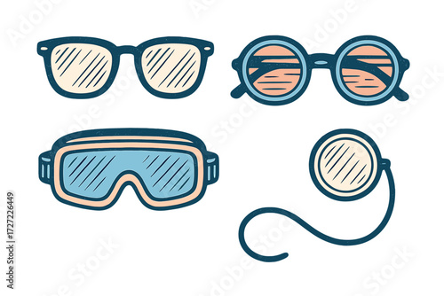 Assortment of stylish eyewear designs: contemporary sunglasses, protective goggles, and a vintage monocle
