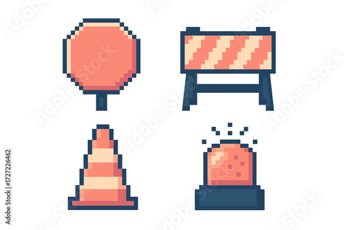 Retro pixel art style collection of road construction warning signs, traffic barriers, safety cones, and flashing beacons
