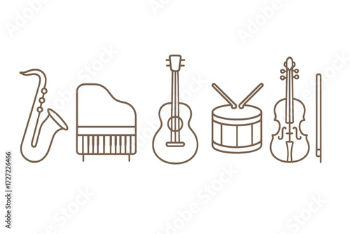 Collection of diverse musical instruments in minimalist outline style including saxophone grand piano acoustic guitar drum and violin