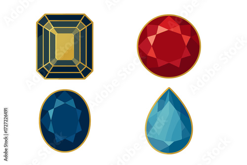 Vibrant faceted gemstones with elegant golden borders in diverse cuts and colors, a luxurious collection