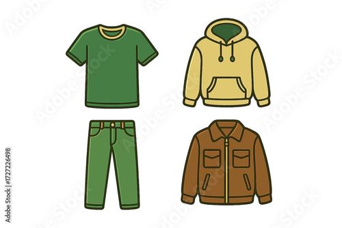 Collection of casual clothing items including a t-shirt, pants, hoodie, and jacket, representing everyday fashion and apparel