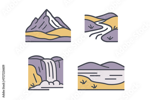 Natural landscape elements including majestic mountain, winding river, powerful waterfall, and serene lake