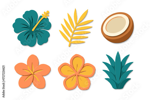 Colorful assortment of exotic hibiscus, plumeria flowers, palm leaf, and coconut for tropical summer designs