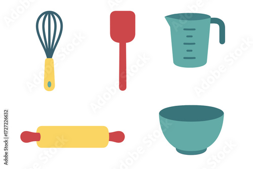 Colorful collection of essential kitchen baking tools and utensils featuring a whisk spatula measuring cup rolling pin and mixing bowl