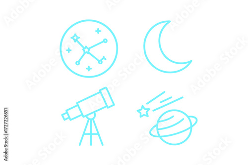 Set of astronomy and space exploration icons featuring celestial objects like constellations, moon, planets, and a telescope for observation