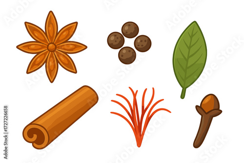 Collection of aromatic cooking spices and herbs including star anise cinnamon clove bay leaf saffron and peppercorns