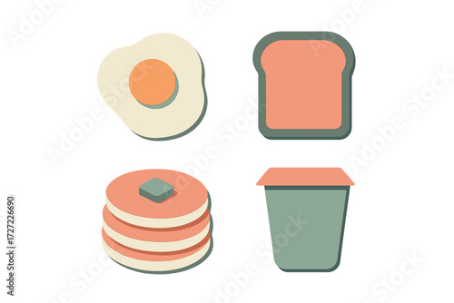 Stylized breakfast food items including a fried egg, a slice of toast, a stack of pancakes with butter, and a beverage cup