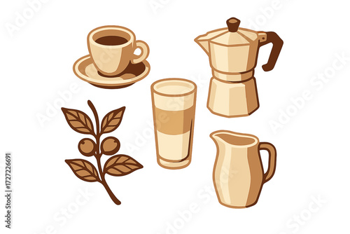 Collection of coffee shop essentials featuring a cup, moka pot, latte glass, coffee branch, and milk pitcher