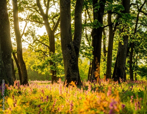 Sunlight streams through a forest of tall trees, illuminating a field of wildflowers