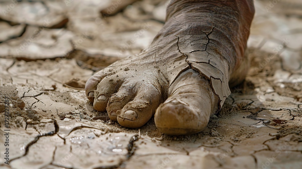 Obraz premium Foot Heel Dryness: Close-Up of Flaky Skin Crumbling to Powdery Substance, Highlighting Dry Skin Texture and Vulnerability