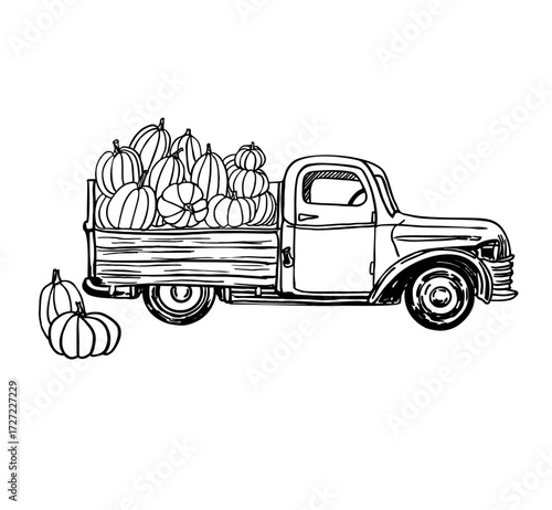 Pickup with pumpkins line art style