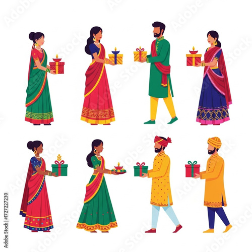 Indian People in Traditional Clothes with Gifts and Lamps