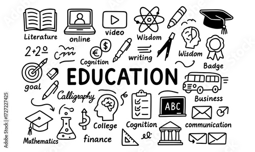 Education doodle collection: learning icons and symbols for school and online courses