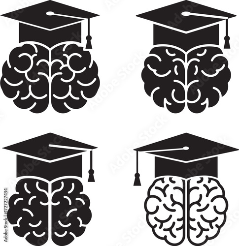 Four stylized brains wearing graduation caps in a silhouette style