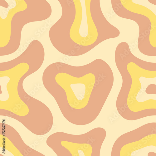 Seamless abstract wavy pattern with organic shapes in yellow, cream, and peach tones, evoking a retro groovy aesthetic.