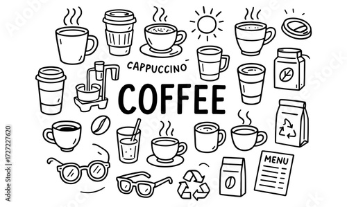 Hand-drawn coffee elements: cups, beans, and accessories