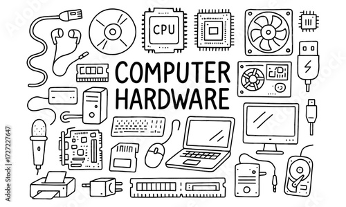 Hand drawn computer hardware elements with laptops and peripherals