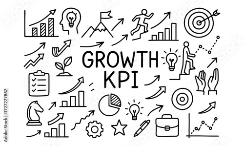 Growth and kpi concept with doodle style business icons and charts