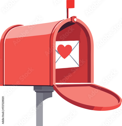 Red mailbox illustration with open door, heart envelope, and raised flag — love letter and affectionate mail concept