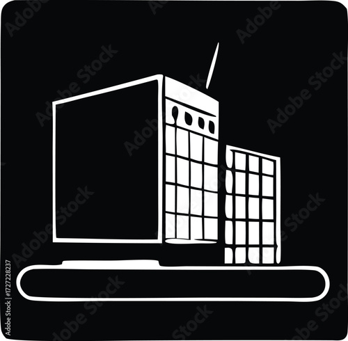 Modern building icon digital monitor displaying architectural structure with antenna and grid facade on a platform