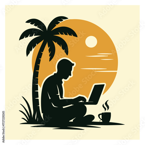 Freelancer Beach Night Shift — Remote Worker with Coffee Cup, Moonlit Productivity (Vector)