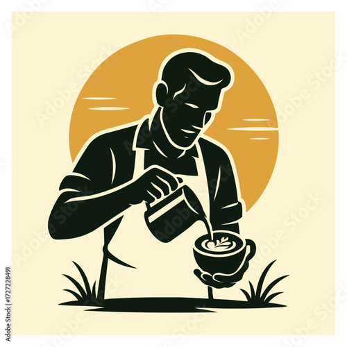 Barista Making Latte Art — Milk Frothing & Espresso Craft, Specialty Coffee Shop (Vector)