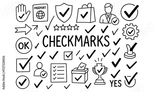 Hand-drawn checkmark set with symbols for success, approval, and validation