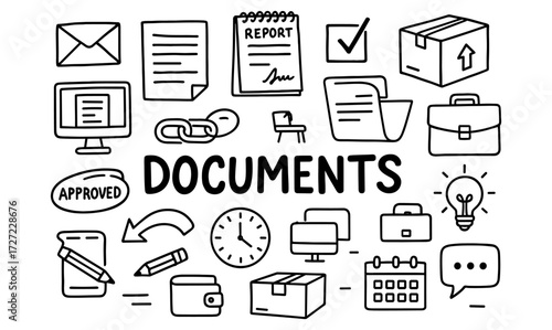 Hand-drawn office icons with documents and tools for business and organization themes