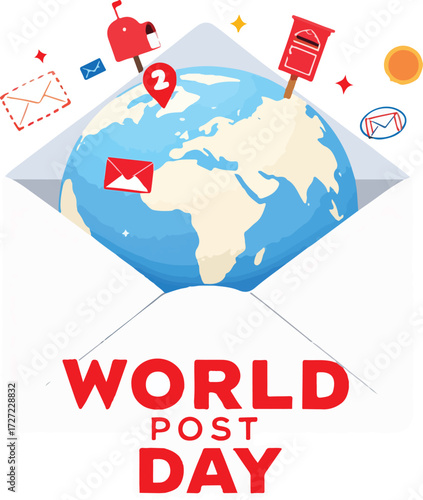 World Post Day illustration with open envelope, globe, mailboxes, envelopes, and location icons — global postal theme
