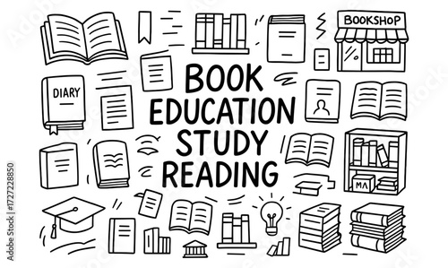 Hand-drawn book and education doodles with bookshelves, graduation cap, and lightbulb