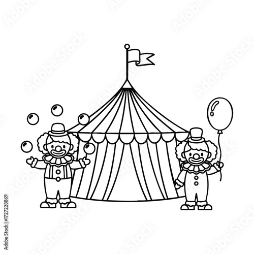 Two cheerful clowns perform entertaining acts outside a colorful circus tent, showcasing joy and excitement.