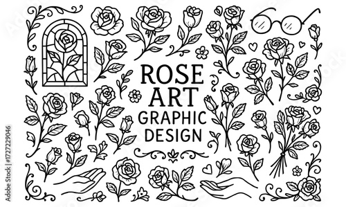 Elegant rose art with hand drawn floral elements in black and white