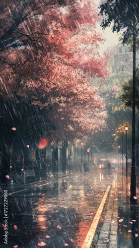 rainy view on a deserted road