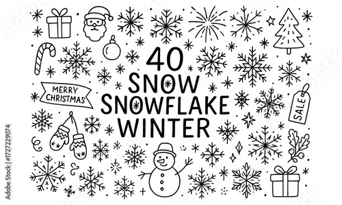 Winter snowflake doodle set: christmas icons and holiday elements in black and white