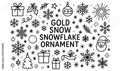 Festive black and white holiday ornament and snowflake doodle background