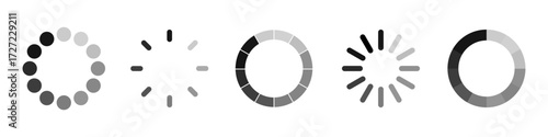 Loading spinner collection in grey and black. Circular symbols rotate to show progress. Simple minimal design for digital waiting screens