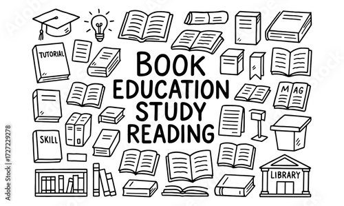 Hand-drawn education set: books, study tools, library icons for learning concepts