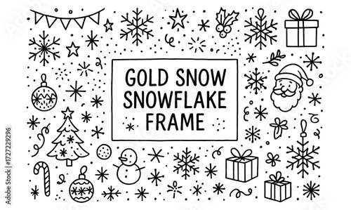 Festive black and white doodle christmas frame with snowflakes and holiday icons