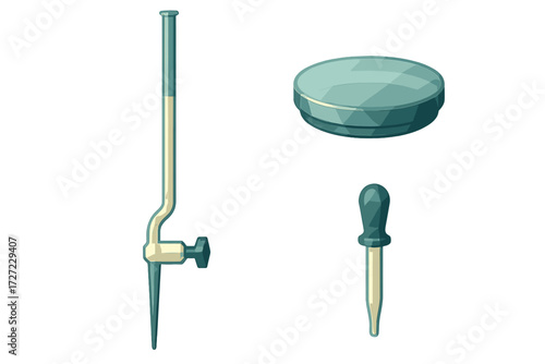 Scientific laboratory equipment set with burette, petri dish, and dropper for chemistry experiments and research