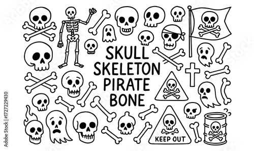 Pirate skeleton and skull seamless pattern in black and white