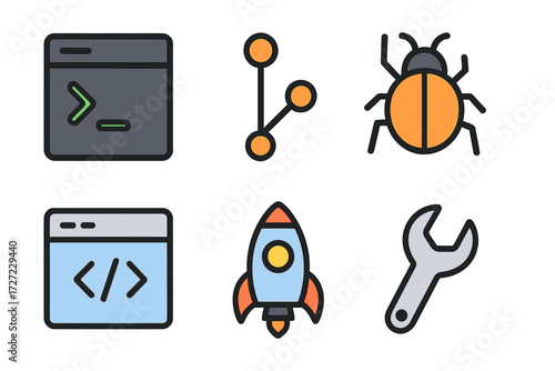 Modern technology symbols representing software development, programming, debugging, application launch, and system maintenance processes