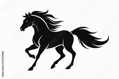 Running Black Horse Silhouette with Flowing Mane and Tail on White Background