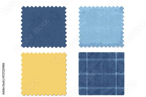 Assortment of blue and yellow fabric swatches displaying diverse textures and a classic plaid pattern