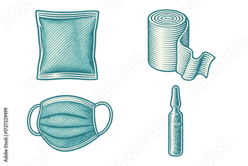 Essential medical supplies for healthcare and first aid, including face mask, bandage, ampoule, and sterile wipe