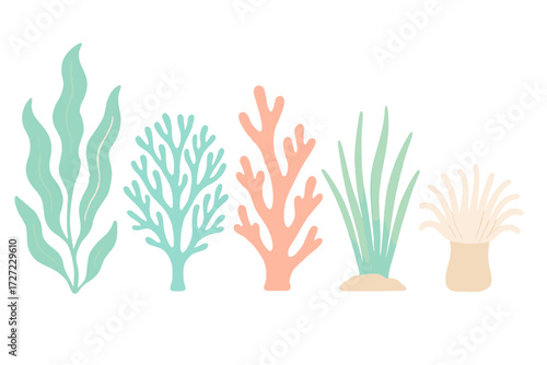 Colorful watercolor style marine life plants and coral reef elements set on white background for ocean themes and aquatic designs