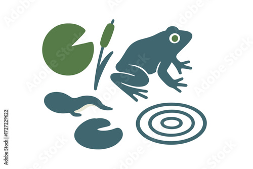 Stylized frog, tadpole, lily pads, and cattail with water ripples depicting a freshwater pond ecosystem